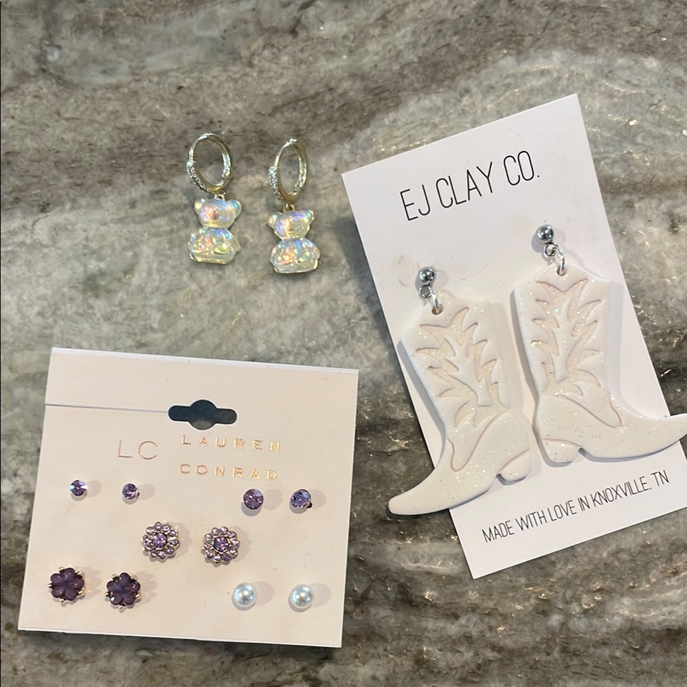 Sold together, Lauren Conrad purple sets, boot earrings, and gummy bear set